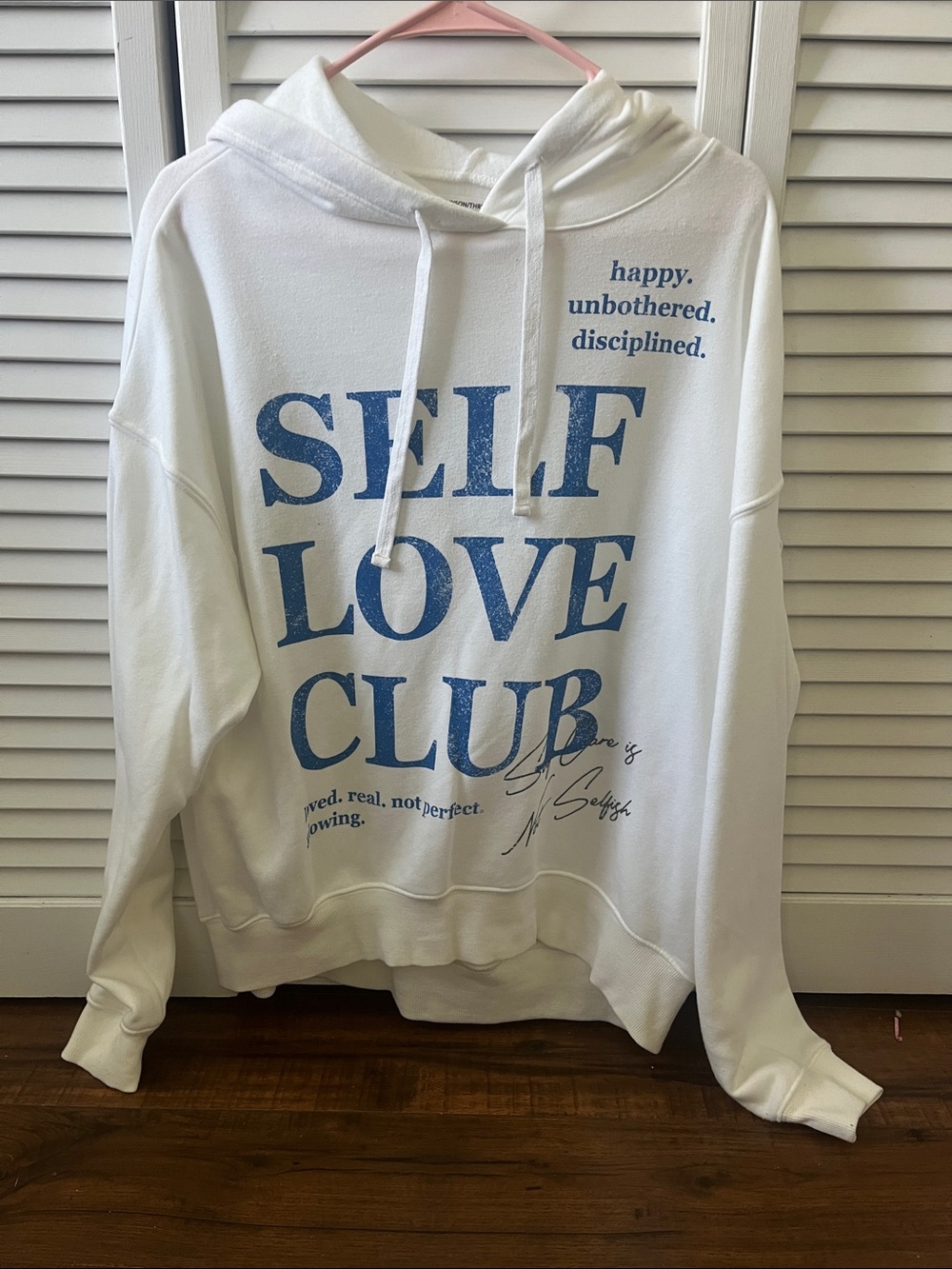 NWOT Grayson Threads White Crewneck Hoodie with Blue 'SELF LOVE CLUB' Graphic